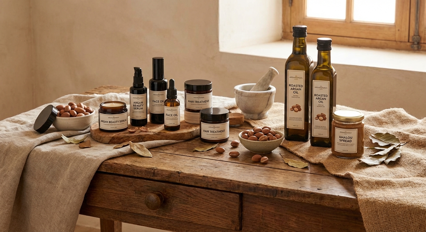 argan-oil-products-display-rustic-table