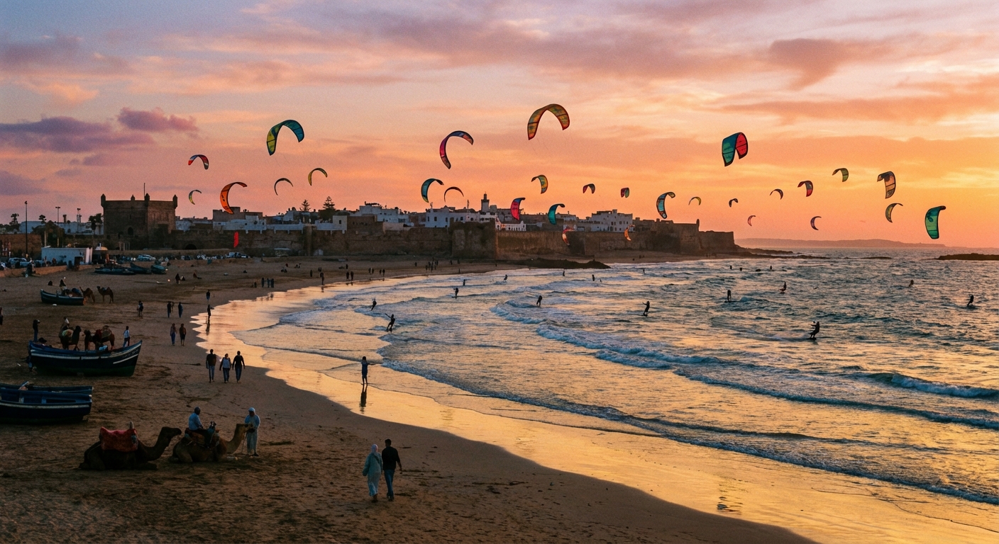 essaouira-beach-kitesurfers-sunset-sky