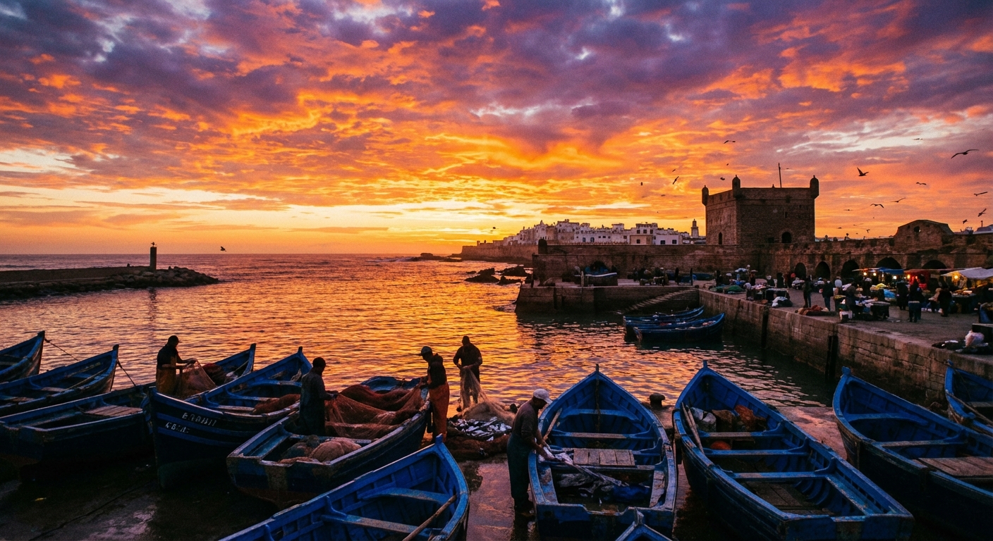essaouira-sunset-fishermen-blue-boats