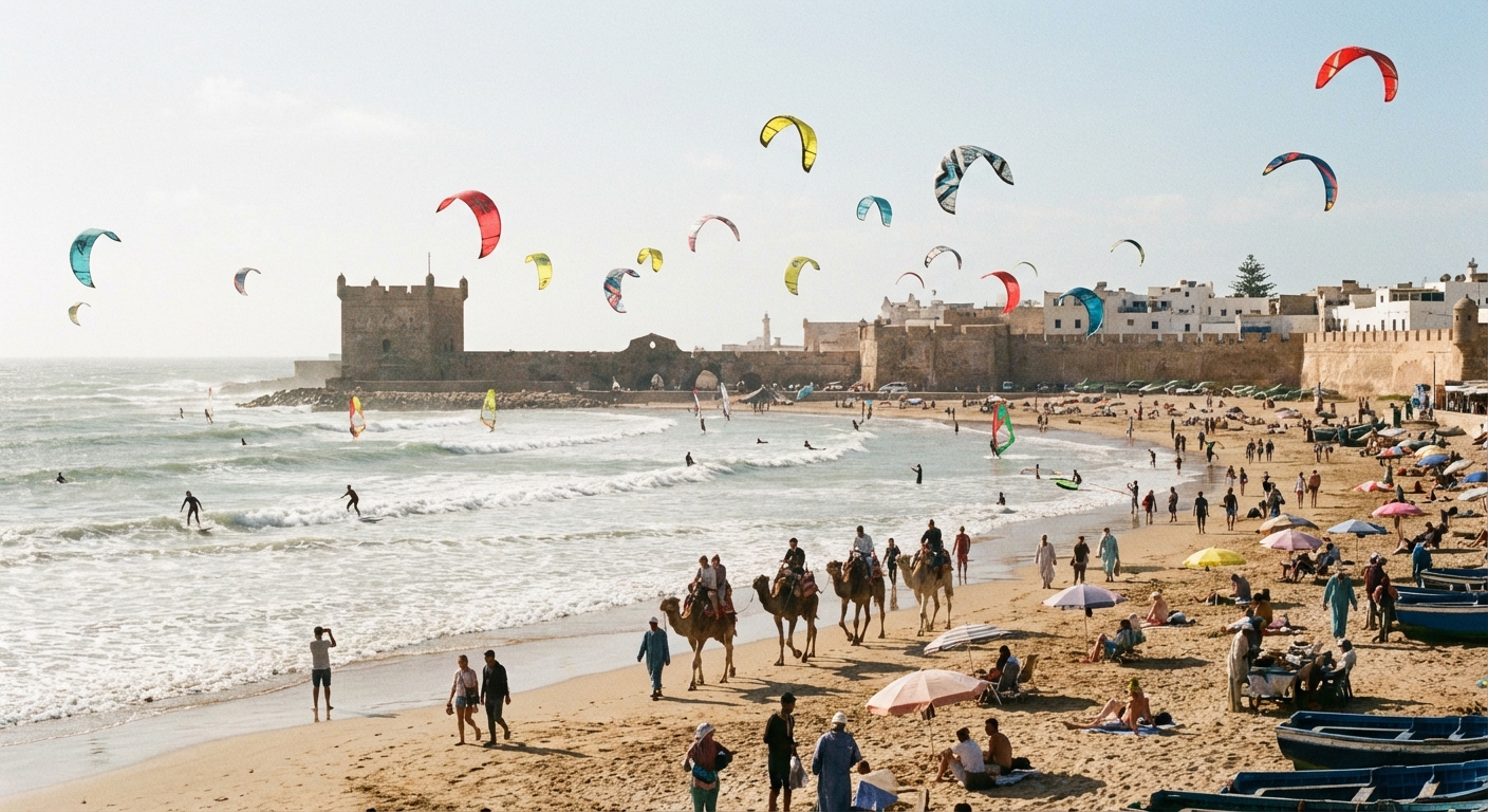 essaouira-beach-surfers-kites-tourists-sunny