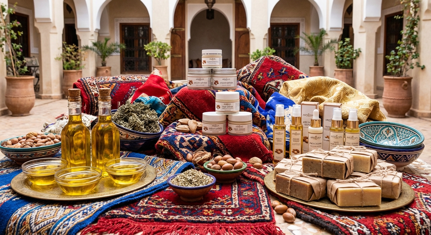 argan-oil-products-moroccan-textiles-table