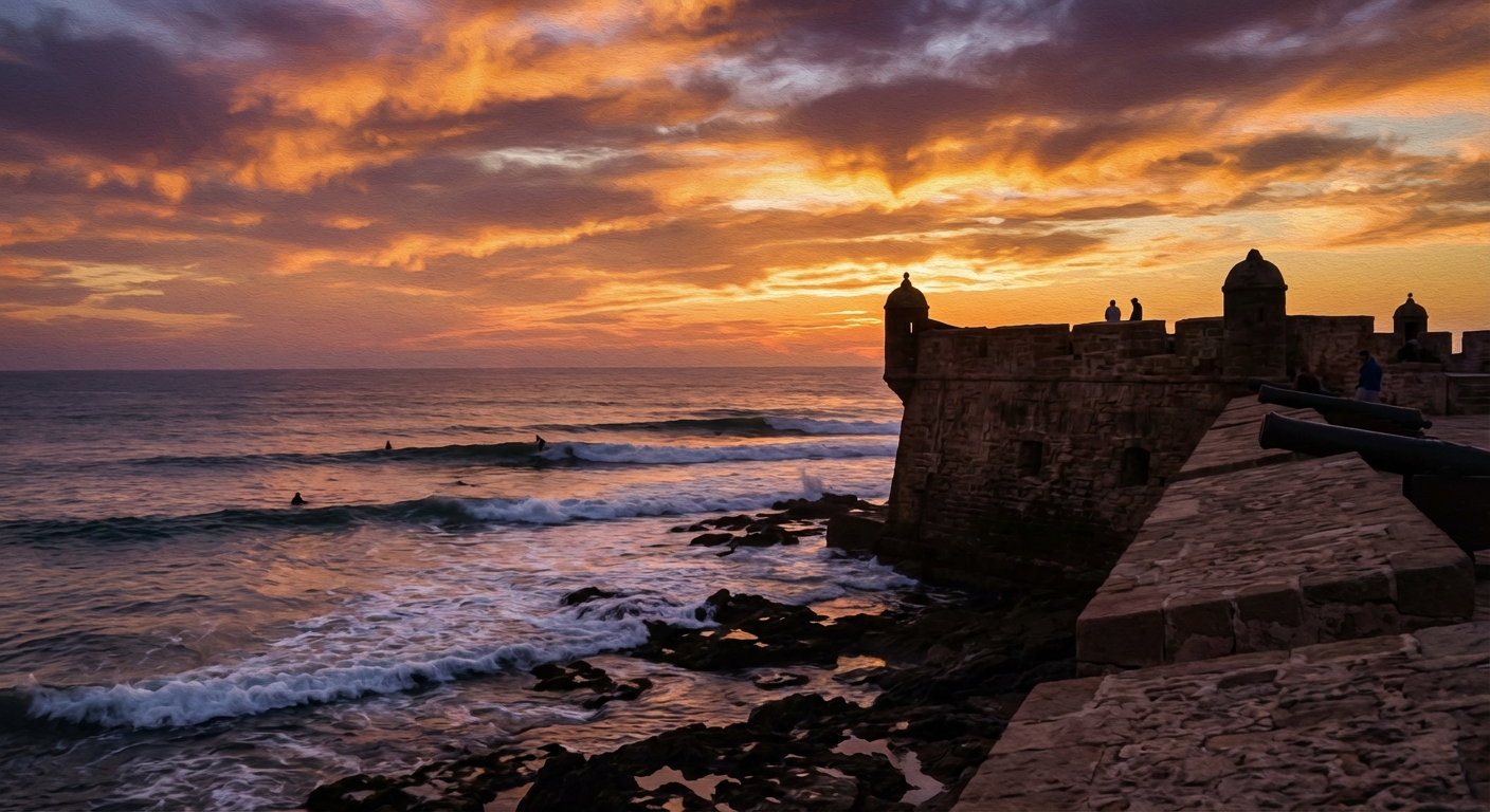 essaouira-sunset-surfers-ocean-waves