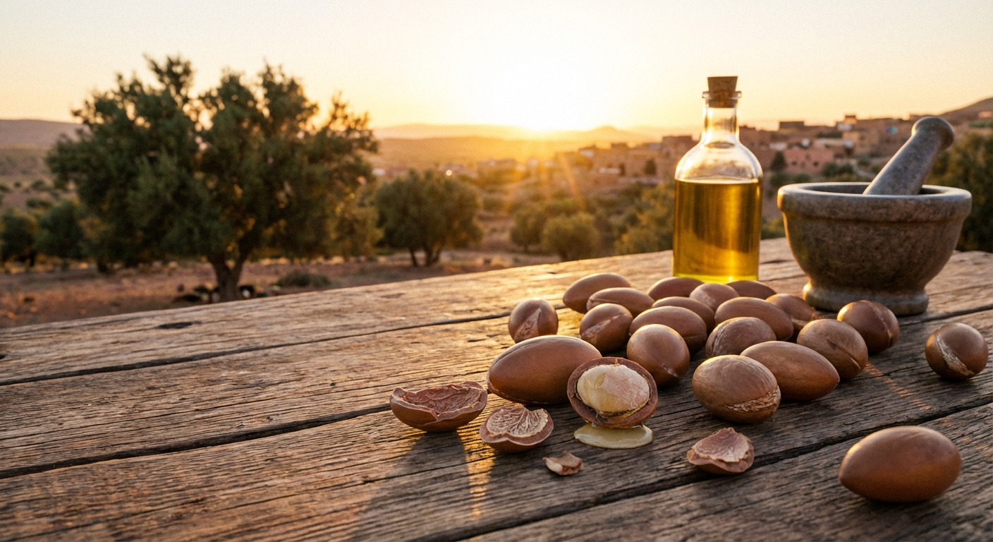 argan-nuts-sunset-wooden-table-nature