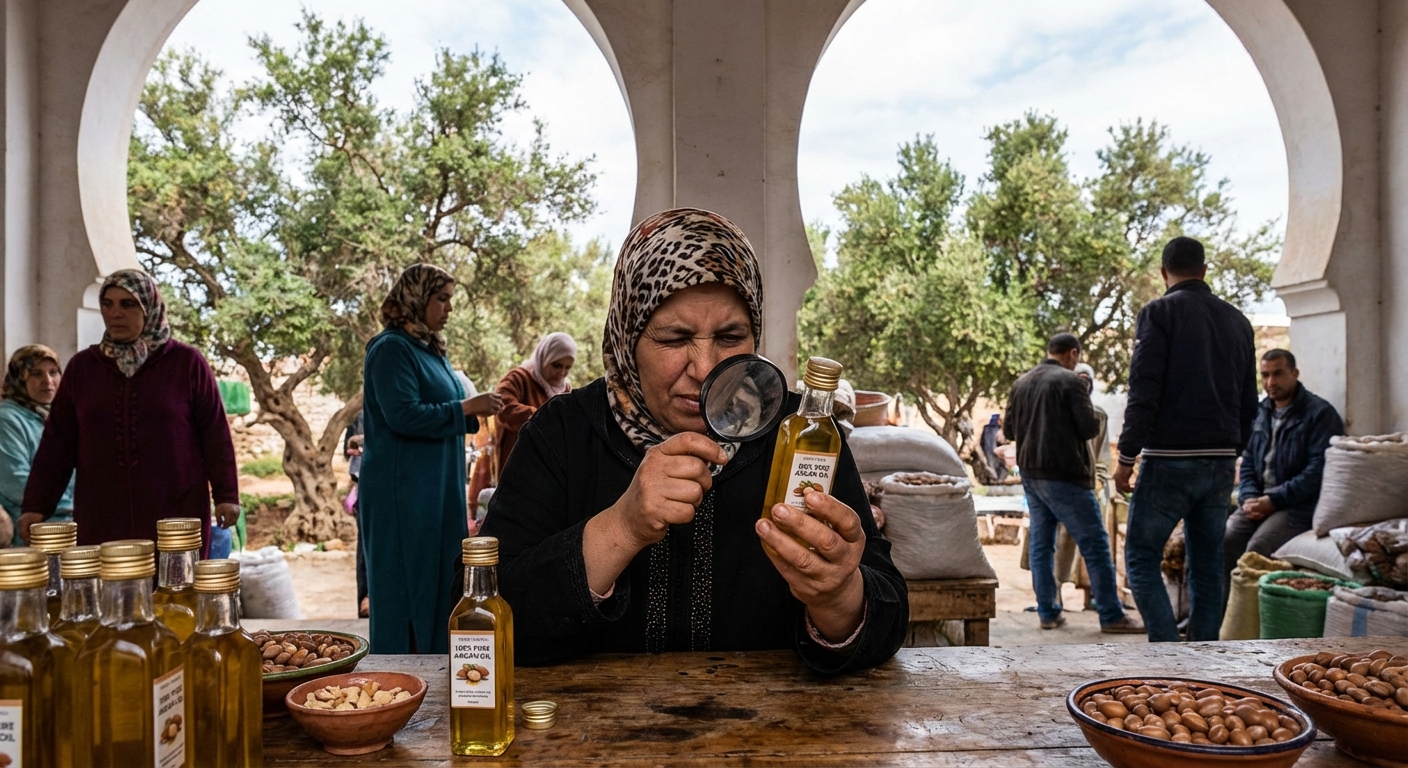woman-inspecting-100-percent-pure-argan-oil-essaouira