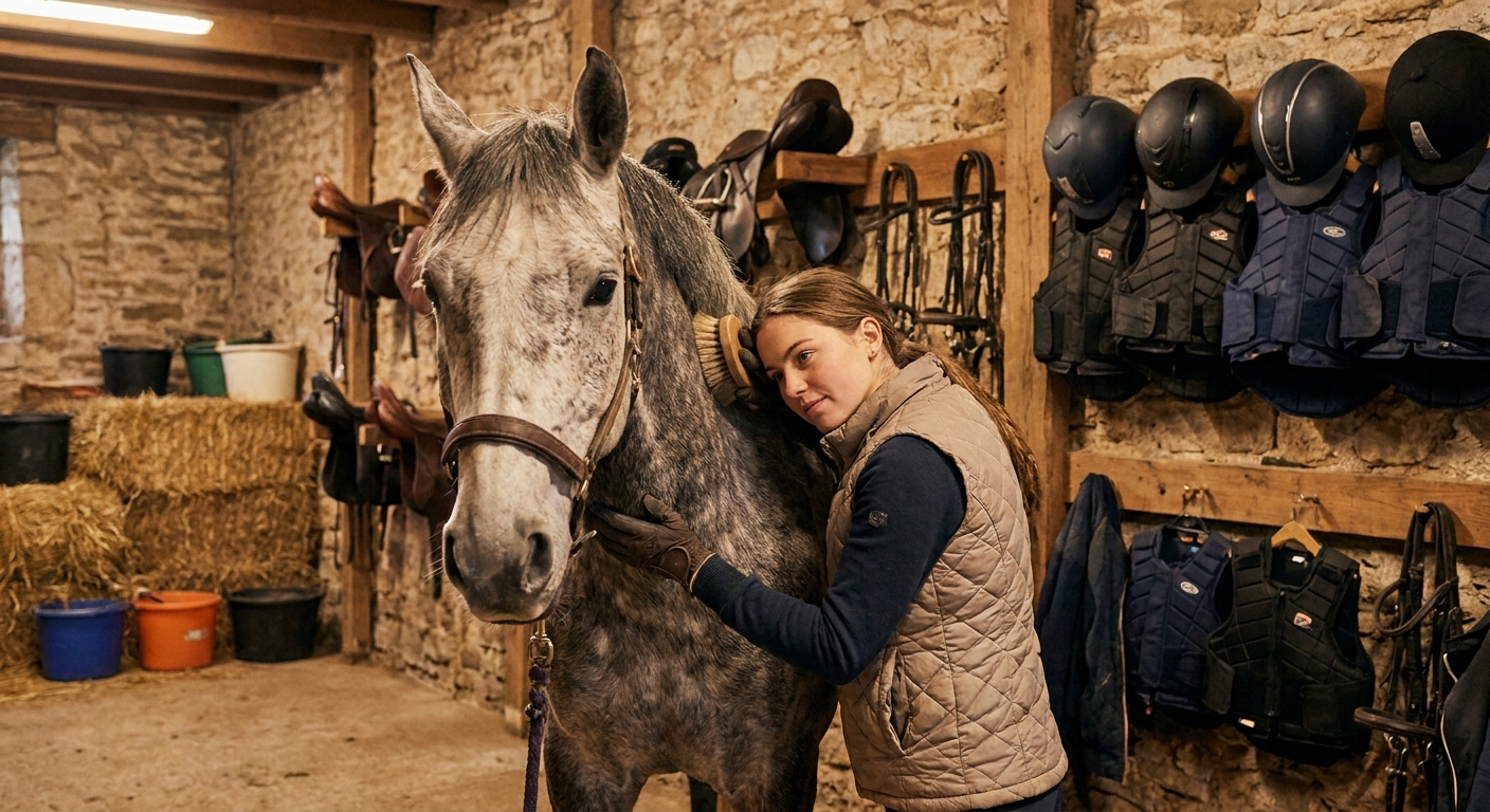 beginner-rider-grooming-horse-stable-safety-gear
