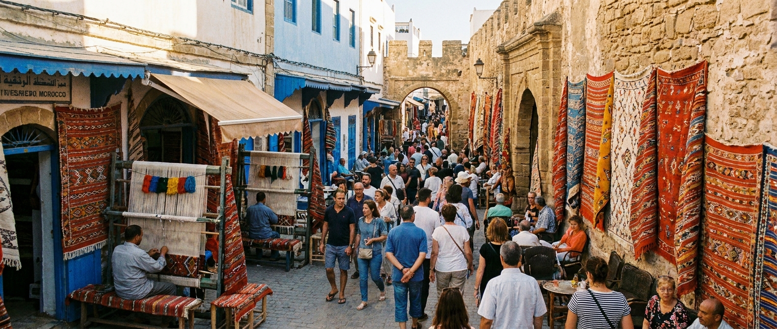 essaouira-medina-ambiente-agitado-artesãos-tapetes
