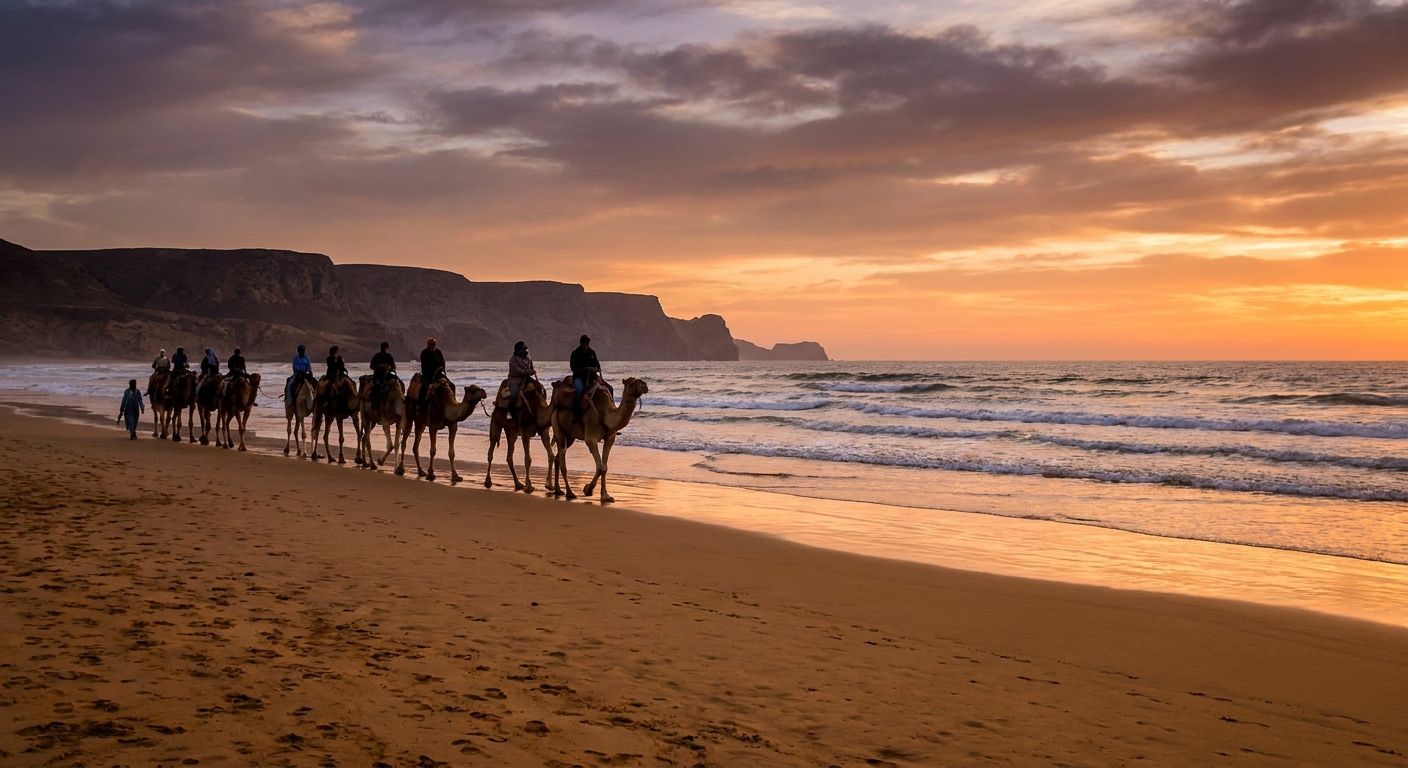 camel-trek-sunset-beach-atlantic-waves