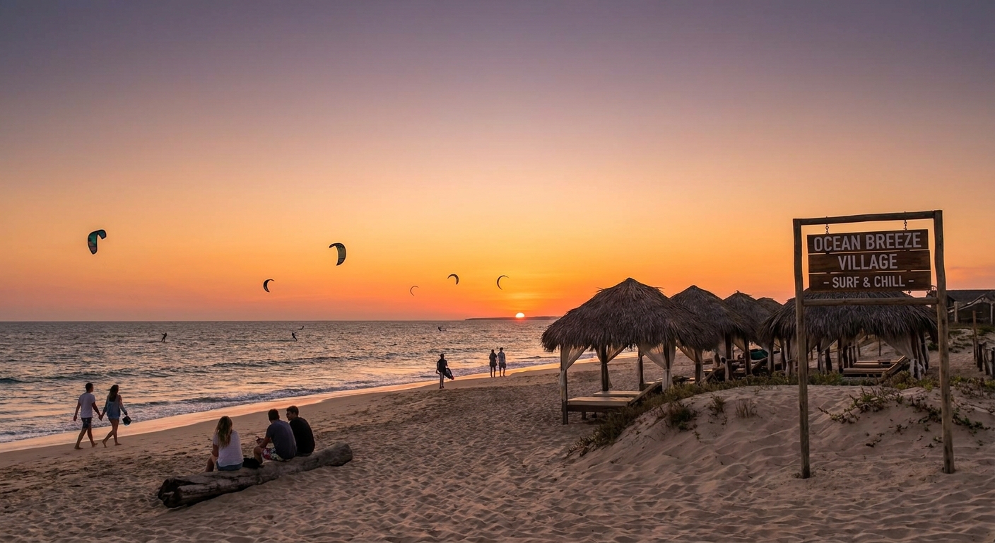 tranquil-beach-sunset-kitesurfers-village-vibe