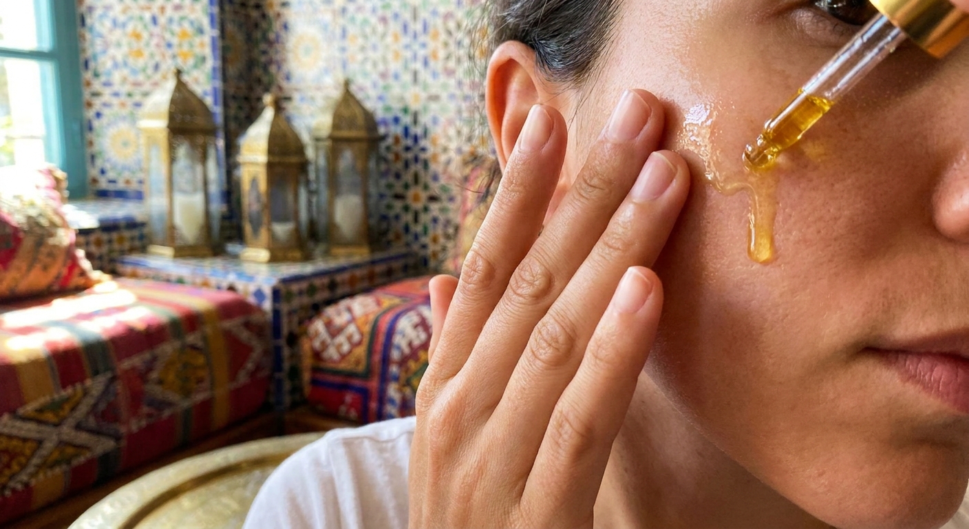 woman-applying-argan-oil-moroccan-decor