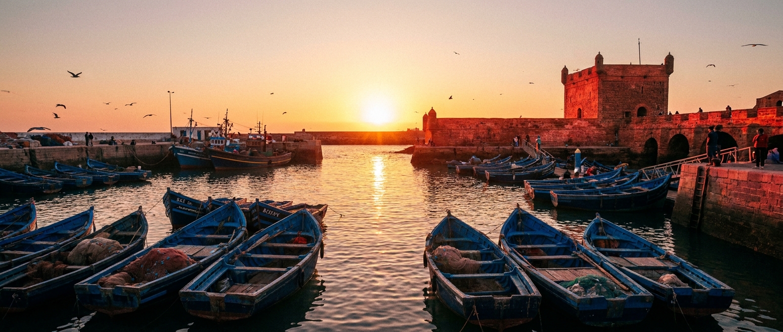 sunset-essaouira-harbor-boats-medina-walls